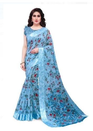 Green Length 6 Meter Light Blue Digital Floral Printed Saree With Blouse Piece 