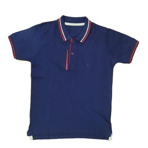 Plain Pattern Polo Collar Short Sleeves Cotton Dark Blue T Shirt For Boys