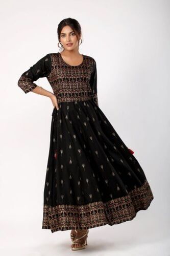 Black Skin Friendly Cotton Fabric 3/4 Sleeves Block Printed Anarkali Kurti