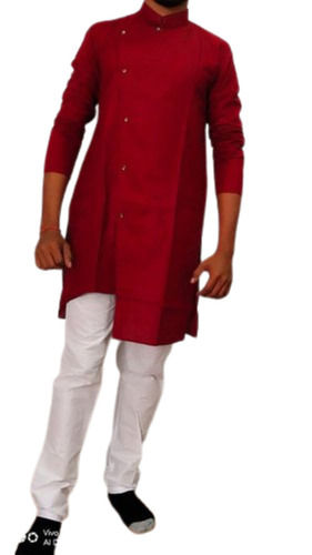 Silver Stylish Traditional Plain Dyed Long Sleeves Cotton Kurta Pajama For Men