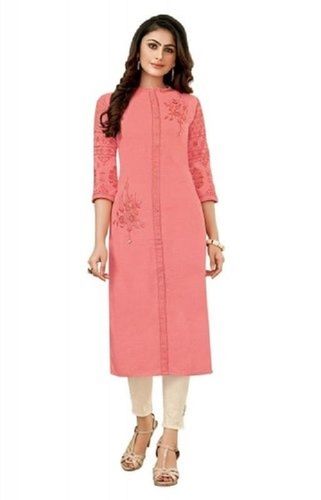 Pink Casual Wear Three Fourth Sleeves Type Round Neck Ladies Cotton Kurti Decoration Material: Beads