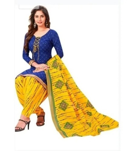 हवा पार होने योग्य और धोने योग्य प्रिंटेड पैटर्न 3 4 स्लीव कॉटन मटीरियल पीला नीला गोल्डन लेडीज़ सलवार सूट
