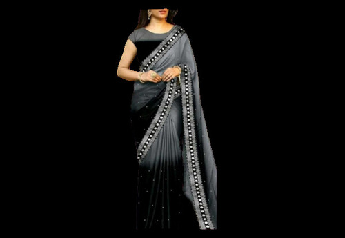 Length 5.5 Meter Designer Chiffon Ladies Saree With Blouse - Black And Gray Pure Cotton Chiffon 3/4 Length Design Elegant Party Wear