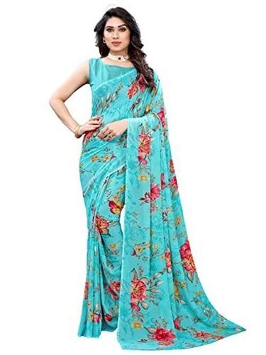 Party Wear Printed Georgette Light Blue Saree 