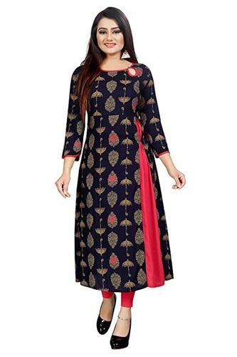 Blue Ladies 3/4 Sleeves Printed Fancy Kurtis