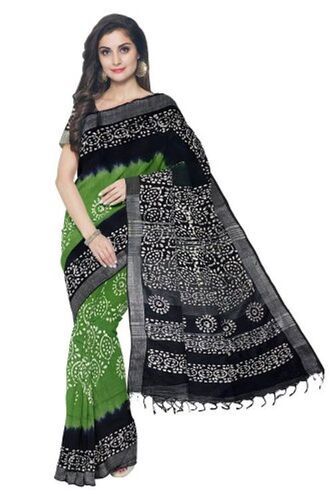 Black And Green Party Wear Comfortable Soft Silky Stylish Beautifully Batik Printed Cotton Saree