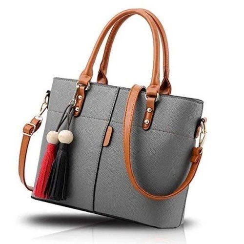 Gray Women Leather Handbag With Zip Closure Bag