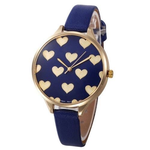 Blue Women Comfortable Heart Printed Design Leather Lightweight Wristwatch