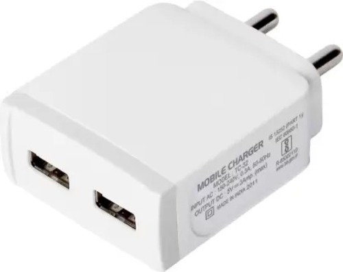 5 Volt 2.4 Ampere Plastic Body Dual Usb Port Mobile Phone Adapter - Plastic Material, White Color | Charges Two Usb Devices Simultaneously