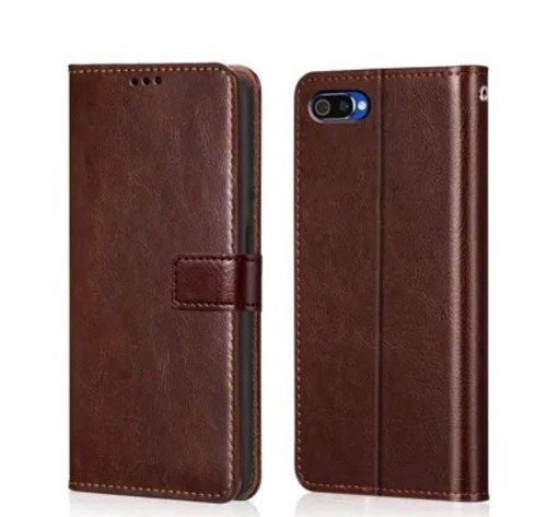 Brown Leatherette Shock Proof Flip Cover For Realme C2 - Lightweight, Adjustable Kickstand, Magnetic Fastening, Groove Design for Enhanced Protection