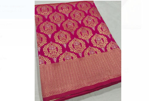 Purple Lightweight Pink And Golden Printed Pattern Party Wear Cotton Banarasi Saree 