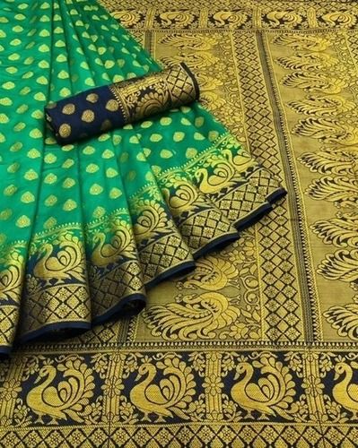 Polyester Party Wear Green Designer Cotton Silk Saree With Blouse Piece 