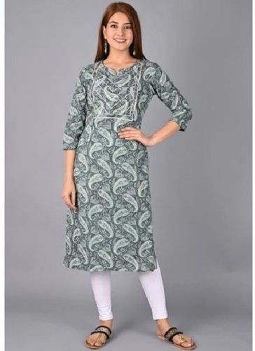 Multicolour Comfortable And Washable Olive Green And Grey Printed Women Cotton Kurti