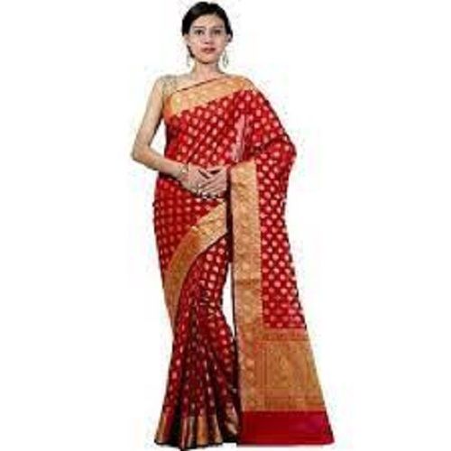 Printed Ladies Party Wear Red And Golden Cotton Silk Saree