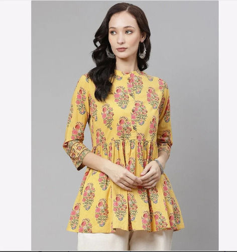 Yellow And Red Printed Pattern Round Neck Ladies Fancy Top Warranty: Yes