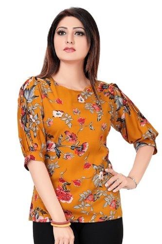 Yellow Floral Printed Round Neck Tops For Ladies