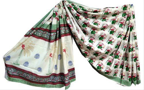 Green And White 5.5 Meter Length Designer And Party Wear Cotton Saree 