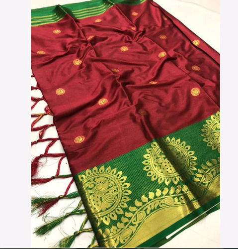 Maroon And Green Printed Pattern Traditional Wear Cotton Silk Saree