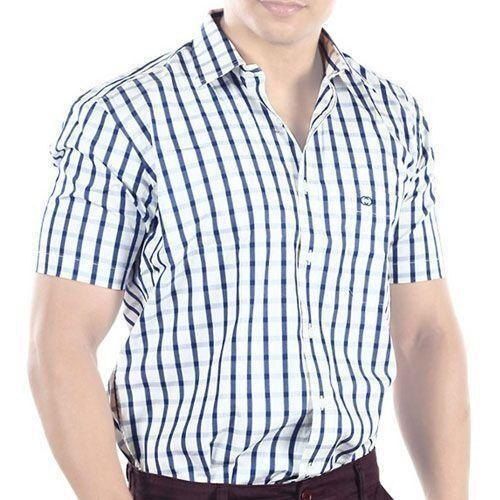 Men Check Printed Pattern Straight Collar Soft Cotton Half Sleeve Shirt