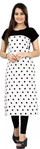 Cool Dry White And Black Crepe Readymade Polka Dot Printed Kurti