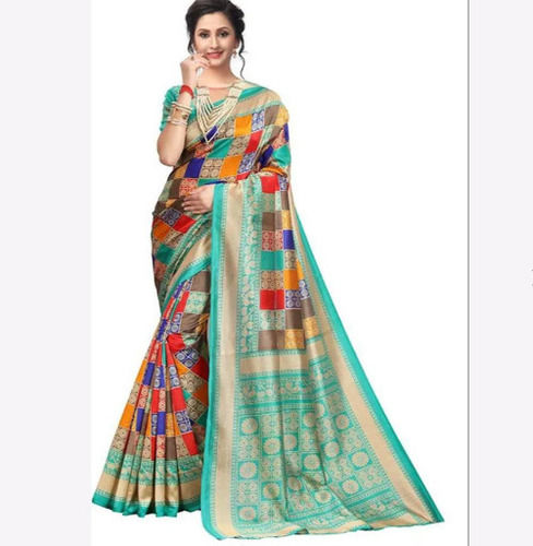 Washable Multi Color Printed Pattern Party Wear Cotton Silk Saree