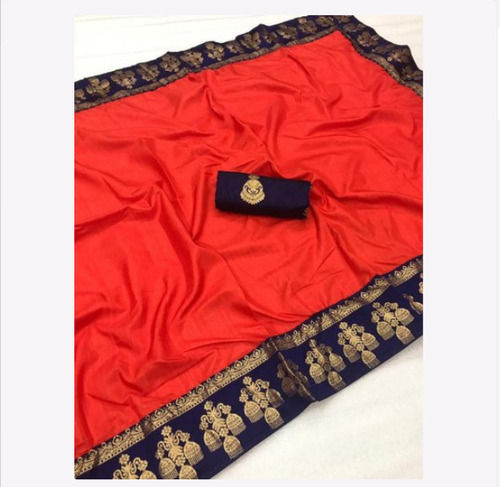 Washable Red And Blue Printed Pattern Part Wear Cotton Silk Saree