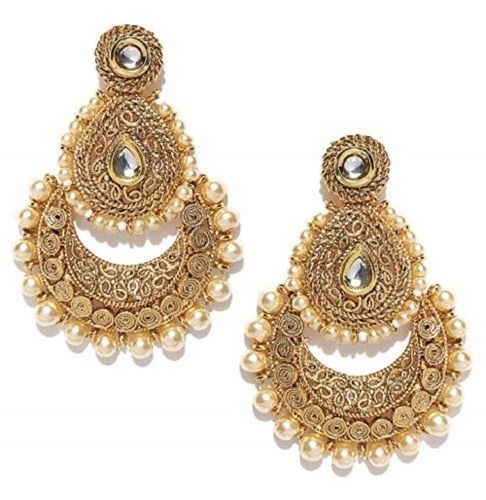 Women Graceful Look Gorgeous Finish Golden And White Stone Loaded Earrings