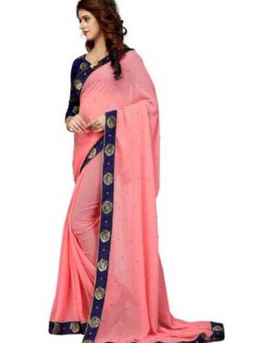 Peach Plain Chiffon Embroidery Saree