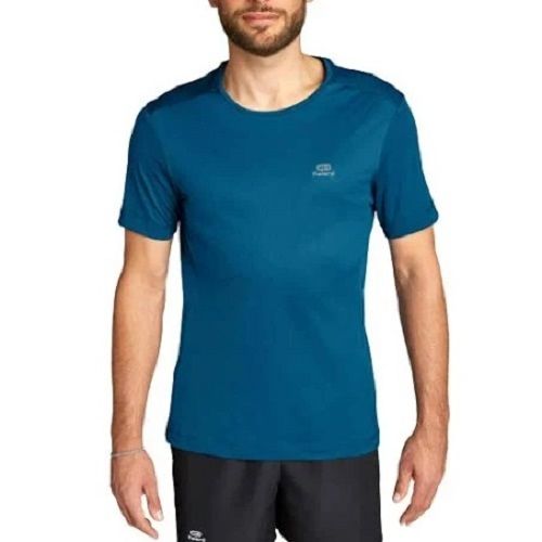 Sea Blue Round Neck Short Sleeves Comfortable Cotton Men T Shirts