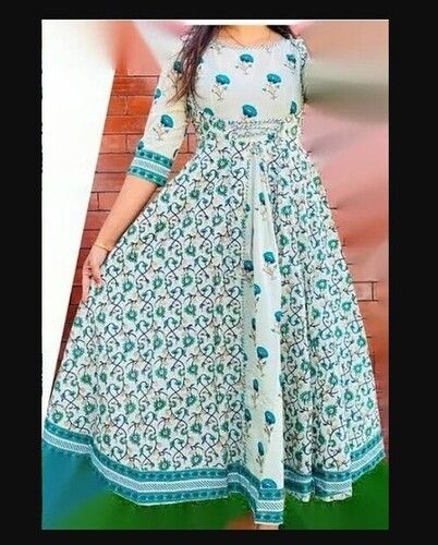 Sky Blue And White Washable And Comfortable Anarkali Cotton Kurtis 