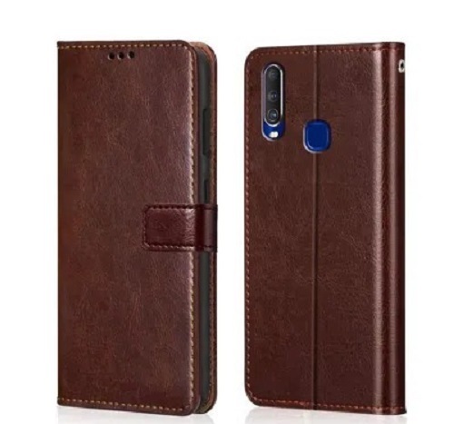 Vivo Y12 Mobile Phone Flip Cover - High-quality Plastic, Brown Color, Magnet Closure With Kickstand Feature