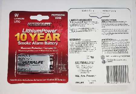 Ultralife 9V Lithium Power Battery For Smoke Or CO Detector