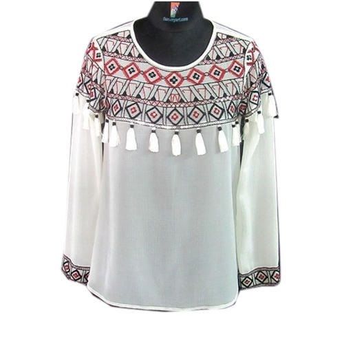 Chiffon Fabric Round Neck Embroidered Pattern Stylish Ladies Tops