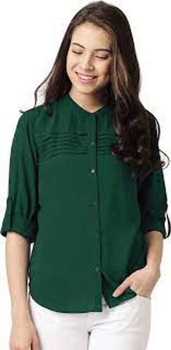 Chiffon Full Sleeve With Attached Stylish Collar Neckline Plain Green Ladies Fancy Tops