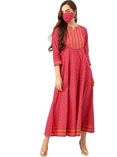 Ladies 3/4 Sleeves Casual Wear Cotton Printed Anarkali Kurti