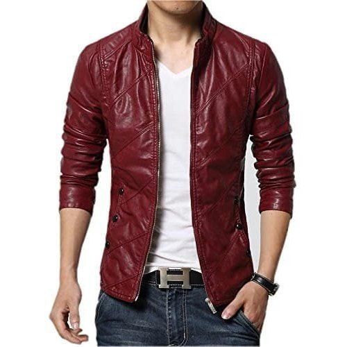 Silver Maroon Full Sleeve Casual Wear Polyester Filling Material Men Leather Jacket