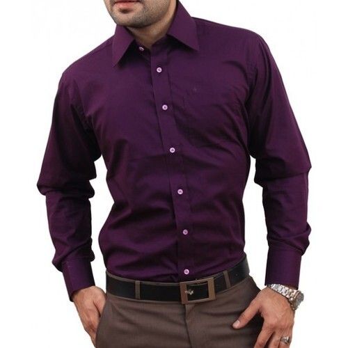 Men Long Sleeved Plain Purple Cotton Formal Shirts Age Group: All