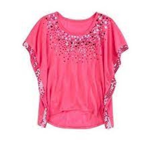 Chiffon Round Neckline And Stylish Sleeve Designer Printed Fancy Designer Pink Top For Ladies 