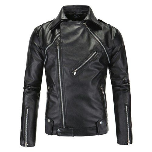 Black Slim Fit Zippper Closure Straight Collar Pure Leather Jacket For Mens