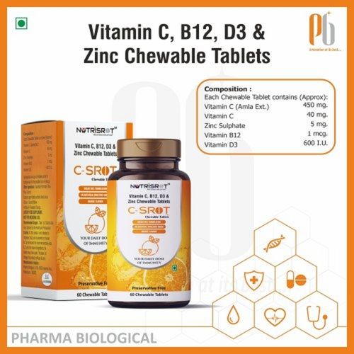 C-srot विटामिन C, B12, D3 और जिंक इम्युनिटी बूस्टर च्यूएबल टैबलेट्स