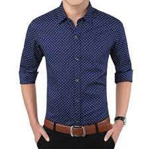 Full Sleeve With Attached Standard Collar Printed Blue Cotton Casual Shirts For Men