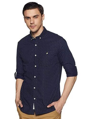 Mens Printed Collar Neck Navy Blue Full Sleeves Cotton Casual Shirt Chest Size: 45.2