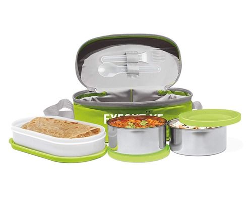 Silver And Green Microwave Safe Container With Bag Lunch Box Set