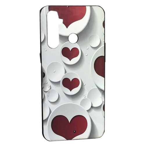 Rectangular Heart Printed Soft Plastic Covers For Real Me Mobile - Hard Plastic & Soft Silicone, White and Red Color, Lightweight & Protective Design