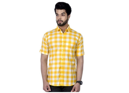 Breathable And Comfortable Yellow White Checked Short Sleeves Men Casual Shirt Application: Construction