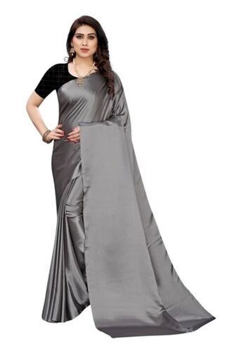 Spring Comfortable To Wear Stylish Soft Silky Grey Satin Plain Saree