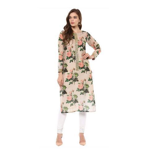 Creamy Ladies Comfortable Cotton O Neckline Printed Kurti