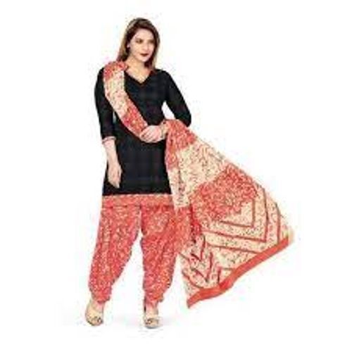 Red -Black Ladies Easy To Wear Printed Cotton Silk Salwar Suit