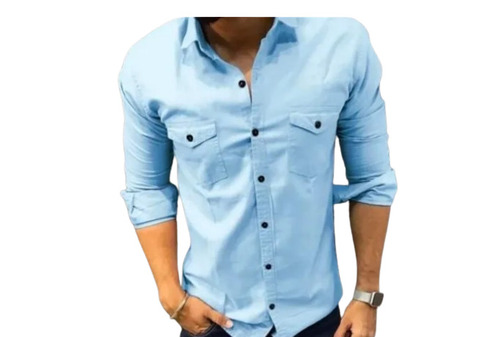 फुल स्लीव के साथ प्लेन ब्लू हवा पार होने योग्य और धोने योग्य पुरुषों के लिए कॉटन शर्ट