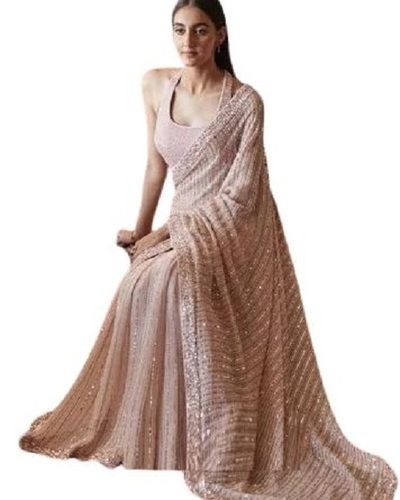 Light Pink Sequin Work Anti Wrinkle Designer Party Wear Saree With Blouse Piece